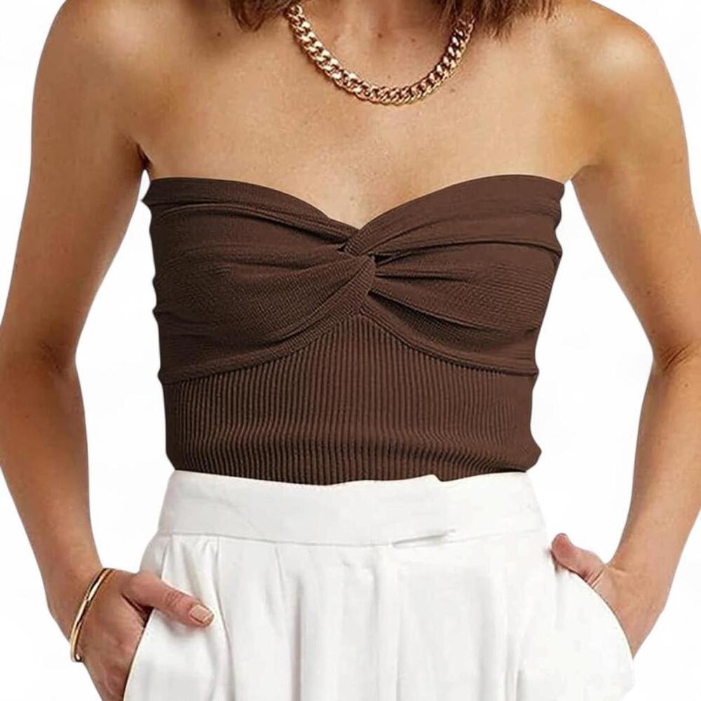 Skims inspired Chocolate Brown Ribbed Twist Front Tube Top Women's Small